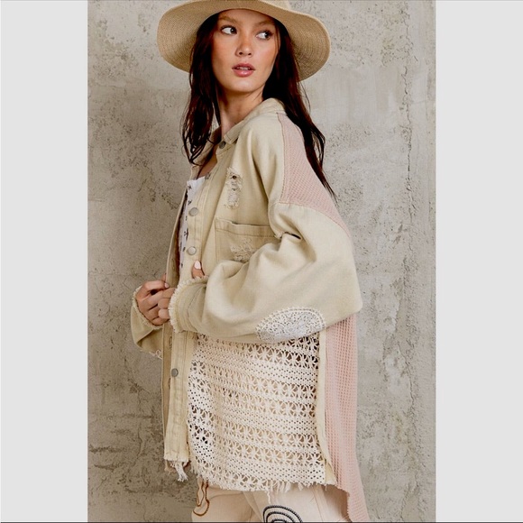 LAST ONE POL Crochet Lace Corduroy Button Down Shacket - Picture 2 of 6